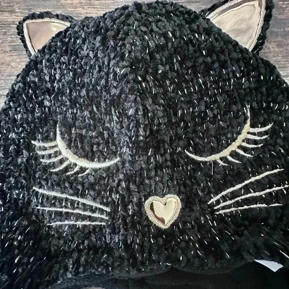 The Children's Place Black Cat Face Hat with Ears and Braided Tassels